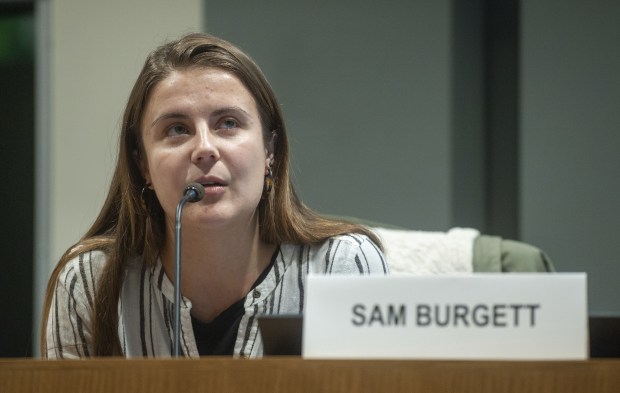 Valparaiso Police Department social worker Sam Burgett speaks during the Opioid Solutions Forum at City Hall in Valparaiso, Indiana Tuesday January 17, 2023. Burgett now works in the same capacity for Porter County, which is hiring another social worker. (Andy Lavalley for the Post-Tribune)