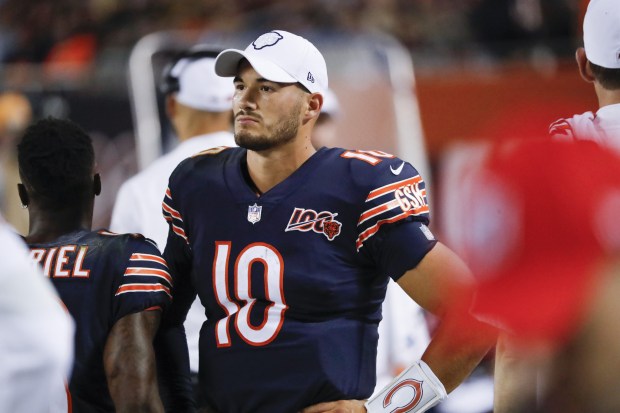 Bears quarterback Mitch Trubisky on the sideline after throwing an interception late in the fourth quarter of a 10-3 loss to the Packers on Sept. 5, 2019, at Soldier Field.