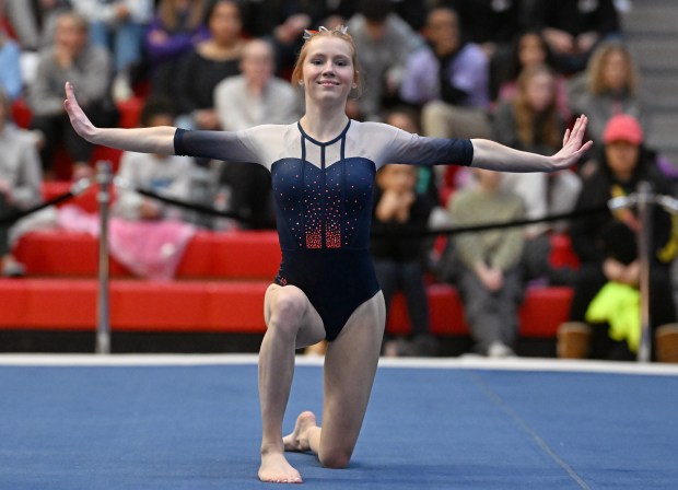 Oswego's Sam Phillip performing on the Floor Exercise during the finals of the IHSA State Meet, Saturday, at Palatine High School, February 17, 2024. (Brian O'Mahoney for the Chicago Tribune)