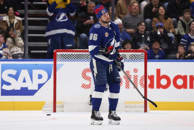 Nikita Kucherov of the Tampa Bay Lightning competes in the Scotiabank NHL Passing Challenge during 2024 NHL All-Star Skills Competition at Scotiabank Arena on Feb. 2, 2024 in Toronto, Ontario. (Bruce Bennett/Getty Images)