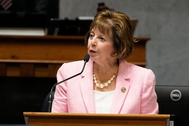 State Sen. Linda Rogers speaks on SB1 in the senate chamber at the Statehouse, Thursday, Feb. 1, 2024, in Indianapolis.