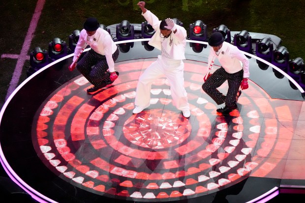 Usher, center, performs during halftime of the NFL Super Bowl 58 football game between the San Francisco 49ers and the Kansas City Chiefs Feb. 11, 2024, in Las Vegas. (David J. Phillip/AP)