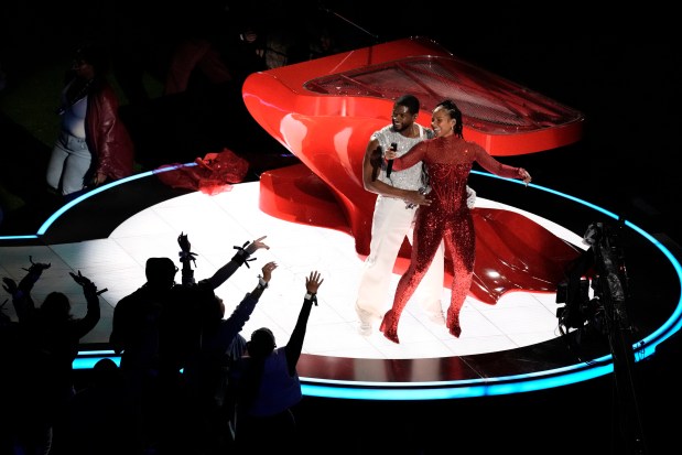 Usher and Alicia Keys perform during halftime of the NFL Super Bowl 58 football game between the San Francisco 49ers and the Kansas City Chiefs on Feb. 11, 2024, in Las Vegas. (Charlie Riedel/AP)