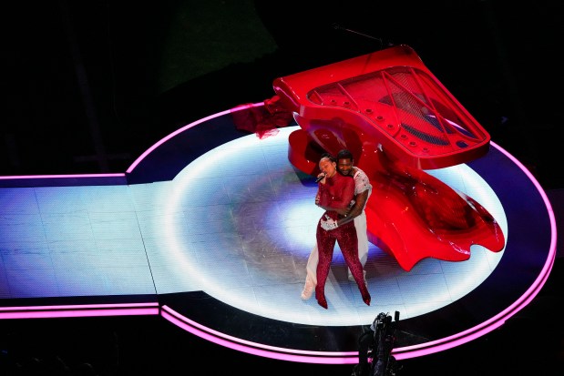 Usher, right, and Alicia Keys perform during halftime of the NFL Super Bowl 58 football game between the San Francisco 49ers and the Kansas City Chiefs Feb. 11, 2024, in Las Vegas. (David J. Phillip/AP)