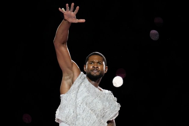 Usher performs during halftime of the NFL Super Bowl 58 football game between the San Francisco 49ers and the Kansas City Chiefs on Feb. 11, 2024, in Las Vegas. (Ashley Landis/AP)