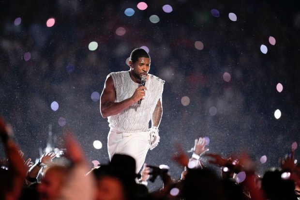 Usher performs during halftime of the NFL Super Bowl 58 football game between the San Francisco 49ers and the Kansas City Chiefs Feb. 11, 2024, in Las Vegas. (Brynn Anderson/AP)