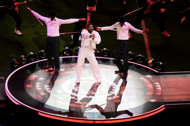Usher performs during halftime of the NFL Super Bowl 58 football game between the San Francisco 49ers and the Kansas City Chiefs on Feb. 11, 2024, in Las Vegas. (Charlie Riedel/AP)