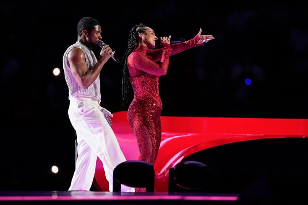Usher, left, and Alicia Keys perform during halftime of the NFL Super Bowl 58 football game between the San Francisco 49ers and the Kansas City Chiefs, Feb. 11, 2024, in Las Vegas. (Eric Gay/AP)