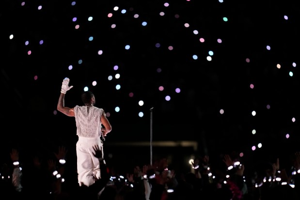Usher performs during halftime of the NFL Super Bowl 58 football game between the San Francisco 49ers and the Kansas City Chiefs on Feb. 11, 2024, in Las Vegas. (John Locher/AP)