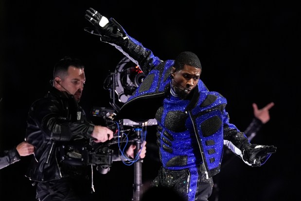 Usher performs during halftime of the NFL Super Bowl 58 football game between the San Francisco 49ers and the Kansas City Chiefs on Feb. 11, 2024, in Las Vegas. (George Walker IV/AP)