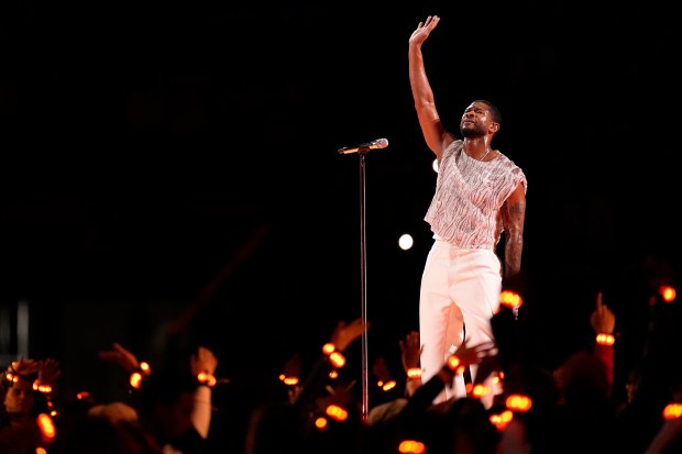Usher performs during halftime of the NFL Super Bowl 58 football game between the San Francisco 49ers and the Kansas City Chiefs on Feb. 11, 2024, in Las Vegas. (Eric Gay/AP)