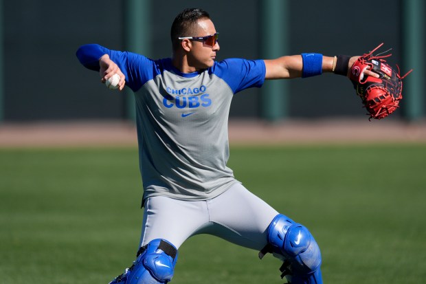 Cubs catcher Miguel Amaya runs drills during spring training Saturday, Feb. 17, 2024, in Mesa, Ariz. (AP Photo/Matt York)