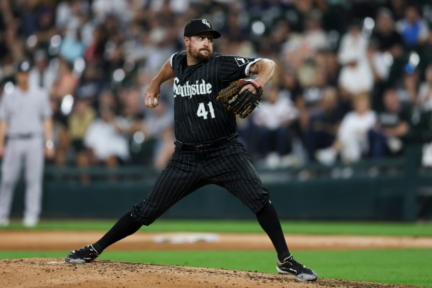 Chicago White Sox relief pitcher Bryan Shaw (41) pitches during the ninth inning against the New York Yankees at Guaranteed Rate Field Monday, Aug. 7, 2023 in Chicago. (Armando L. Sanchez/Chicago Tribune)