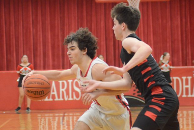 Marist's Adoni Vassilakis gets ready to drive inside against Benet during an East Suburban Catholic Conference game in Chicago on Friday, Feb. 2, 2024. (Jeff Vorva / Daily Southtown)