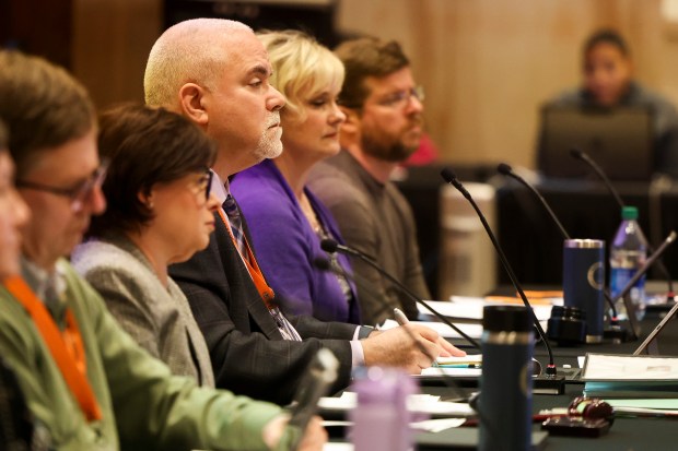 Superintendent Michael Lubelfeld listens to parents' concerns during the public comment section of a North Shore School District 112 Board of Education meeting at Northwood Middle School on Feb. 13, 2024. (Eileen T. Meslar/Chicago Tribune)