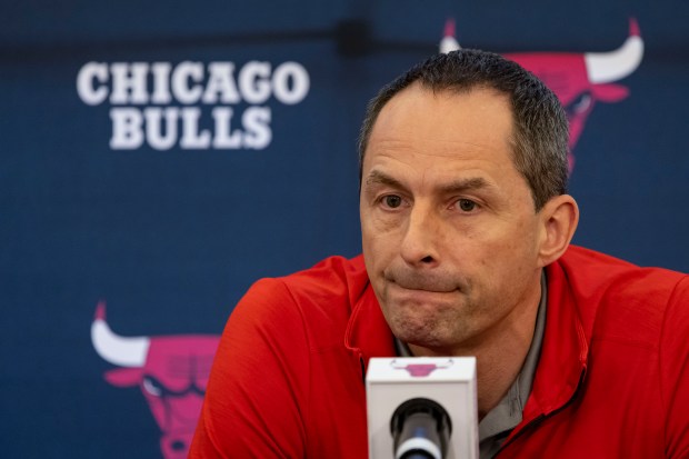Artūras Karnišovas, executive vice president of basketball operations, speaks at a Bulls news conference on June 27, 2022, at the Advocate Center. (Brian Cassella/Chicago Tribune)