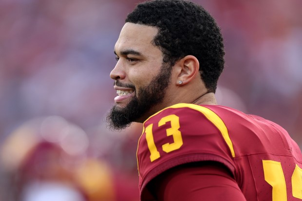 LOS ANGELES, CALIFORNIA - NOVEMBER 18: Caleb Williams #13 of the USC Trojans looks on prior to a game against the UCLA Bruins at United Airlines Field at the Los Angeles Memorial Coliseum on November 18, 2023 in Los Angeles, California. (Photo by Sean M. Haffey/Getty Images) ** OUTS - ELSENT, FPG, CM - OUTS * NM, PH, VA if sourced by CT, LA or MoD **