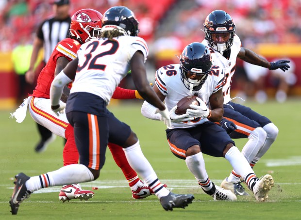 Bears safety Quindell Johnson intercepts a pass against the Chiefs on Sept. 24, 2023, at Arrowhead Stadium in Kansas City, Mo. (Chris Sweda/Chicago Tribune)