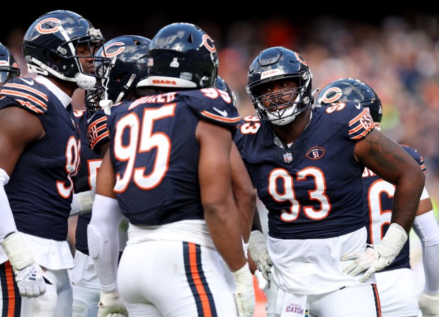 Bears defensive tackle Justin Jones (93) waits for play to resume against the Vikings on Oct. 15, 2023, at Soldier Field. (Chris Sweda/Chicago Tribune)