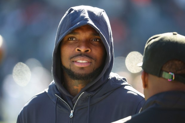 Injured Bears safety Eddie Jackson stands on the field on Oct. 22, 2023, at Soldier Field. (Brian Cassella/Chicago Tribune)