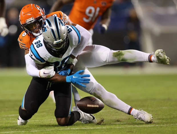 Chicago Bears cornerback Kyler Gordon (6) breaks up a pass intended for Carolina Panthers wide receiver Terrace Marshall Jr. (88) in the fourth quarter of a game at Soldier Field in Chicago on Nov. 9, 2023. (Chris Sweda/Chicago Tribune)