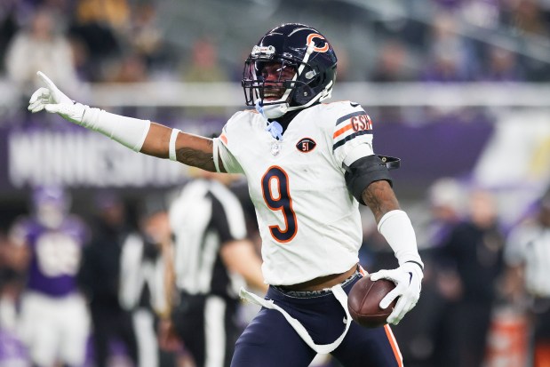 Bears safety Jaquan Brisker celebrates his interception against the Vikings on Nov. 27, 2023, at U.S. Bank Stadium in Minneapolis. (Eileen T. Meslar/Chicago Tribune)