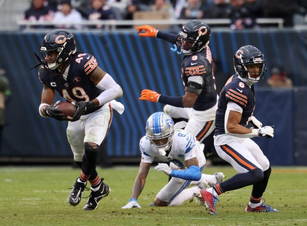 Bears linebacker Tremaine Edmunds intercepts a pass intended for Lions wide receiver Jameson Williams on Dec. 10, 2023, at Soldier Field. (John J. Kim/Chicago Tribune)