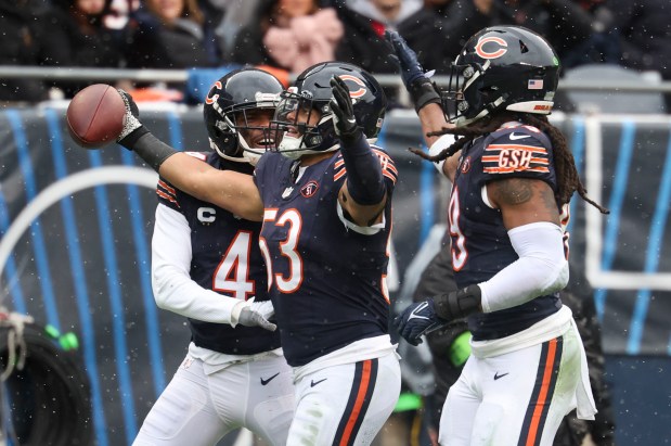 Bears linebacker T.J. Edwards (53) celebrates his interception against the Falcons on Dec. 31, 2023, at Soldier Field. (Brian Cassella/Chicago Tribune)