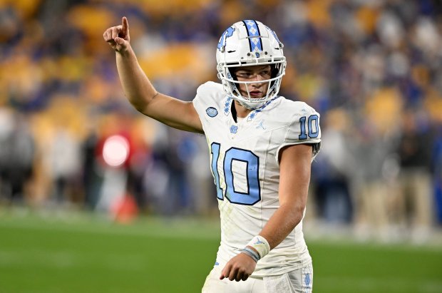 North Carolina quarterback Drake Maye celebrates after a touchdown against Pittsburgh on Sept. 23, 2023, in Pittsburgh. (Greg Fiume/Getty Images)