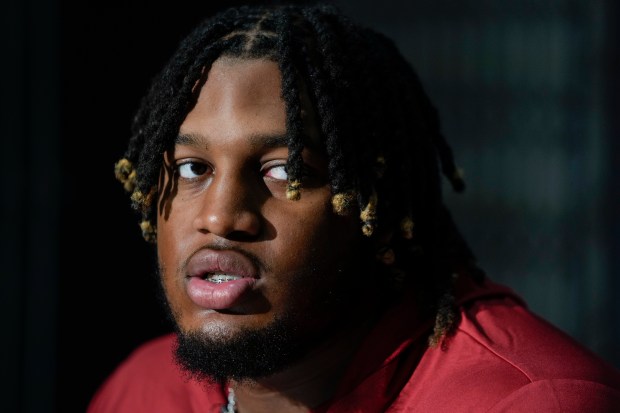 Alabama offensive lineman JC Latham speaks to reporters during a Rose Bowl news conference on Dec. 28, 2023, in Los Angeles. (AP Photo/Ryan Sun)