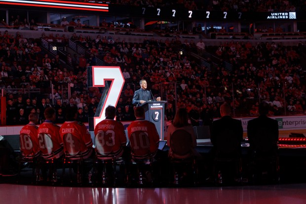 Chris Chelios attends a ceremony to retire his No. 7 jersey before the Blackhawks play the Detroit Red Wings at the United Center Sunday Feb. 25, 2024 in Chicago. The Chicago native played for the Blackhawks for nine of his 26 NHL seasons. (Armando L. Sanchez/Chicago Tribune)