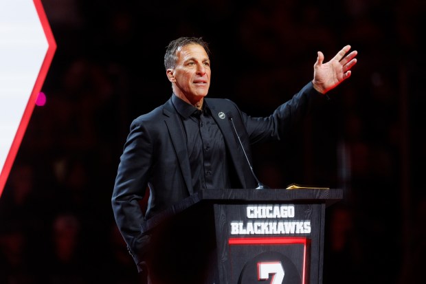 Chris Chelios attends a ceremony to retire his No. 7 jersey before the Blackhawks play the Detroit Red Wings at the United Center Sunday Feb. 25, 2024 in Chicago. The Chicago native played for the Blackhawks for nine of his 26 NHL seasons. (Armando L. Sanchez/Chicago Tribune)