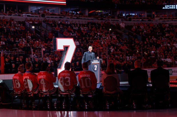 Chris Chelios attends a ceremony to retire his No. 7 jersey before the Blackhawks play the Detroit Red Wings at the United Center Sunday Feb. 25, 2024 in Chicago. The Chicago native played for the Blackhawks for nine of his 26 NHL seasons. (Armando L. Sanchez/Chicago Tribune)