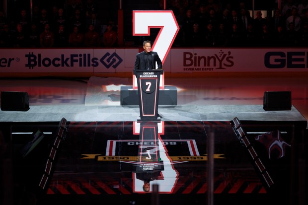 Chris Chelios attends a ceremony to retire his No. 7 jersey before the Blackhawks play the Detroit Red Wings at the United Center Sunday Feb. 25, 2024 in Chicago. The Chicago native played for the Blackhawks for nine of his 26 NHL seasons. (Armando L. Sanchez/Chicago Tribune)