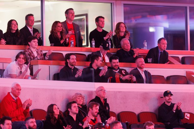 From left, Former Blackhawks defenseman Duncan Keith, left wing Patrick Sharp, defenseman Brent Seabrook, and forward Marian Hossa attend a ceremony to retire Chris Chelios's No. 7 Blackhawks jersey before the Blackhawks play the Detroit Red Wings at the United Center Sunday Feb. 25, 2024 in Chicago. The Chicago native played for the Blackhawks for nine of his 26 NHL seasons. (Armando L. Sanchez/Chicago Tribune)