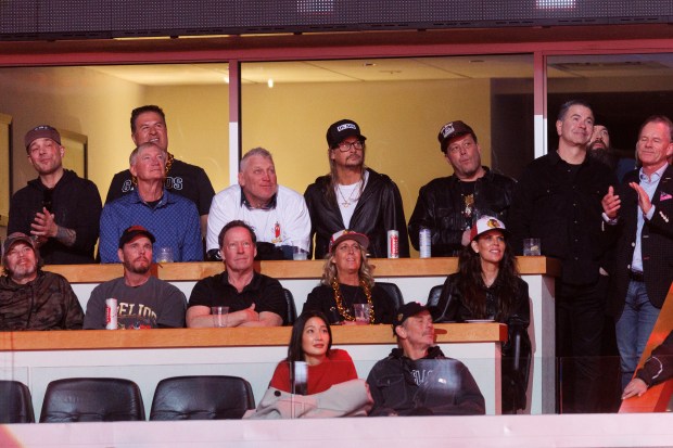 Kid Rock attends a ceremony to retire Chris Chelios's No. 7 Blackhawks jersey before the Blackhawks play the Detroit Red Wings at the United Center Sunday Feb. 25, 2024 in Chicago. The Chicago native played for the Blackhawks for nine of his 26 NHL seasons. (Armando L. Sanchez/Chicago Tribune)