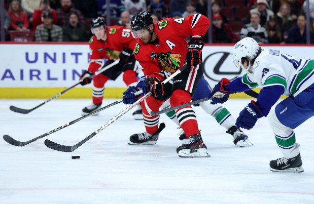 Blackhawks defenseman Seth Jones (4) moves down the ice in the first period on Feb. 13, 2024, at the United Center. (Chris Sweda/Chicago Tribune)