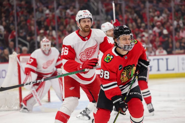 Detroit Red Wings defenseman Jeff Petry (46) guards Chicago Blackhawks center Connor Bedard (98) during the first period at the United Center Sunday Feb. 25, 2024 in Chicago. (Armando L. Sanchez/Chicago Tribune)