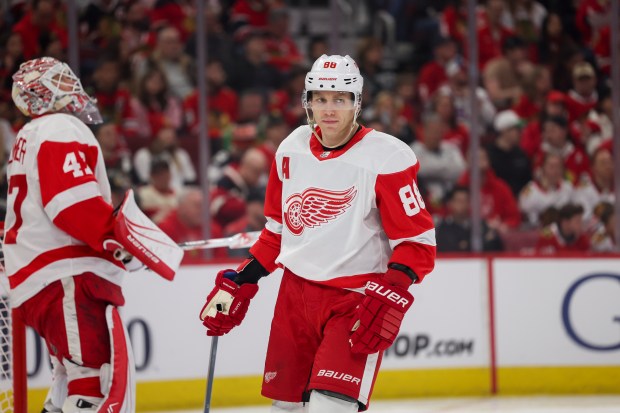 Detroit Red Wings right wing Patrick Kane (88) skates on the ice during the first period against the Chicago Blackhawks at the United Center Sunday Feb. 25, 2024 in Chicago. (Armando L. Sanchez/Chicago Tribune)