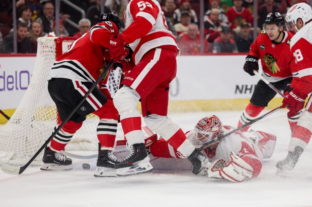 Detroit Red Wings goaltender James Reimer (47) blocks a shot from Chicago Blackhawks left wing Anthony Beauvillier (91) during the first period at the United Center Sunday Feb. 25, 2024 in Chicago. (Armando L. Sanchez/Chicago Tribune)