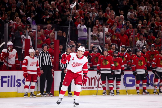 Detroit Red Wings right wing Patrick Kane (88) skates on the ice during a video tribute in the first period against the Chicago Blackhawks at the United Center Sunday Feb. 25, 2024 in Chicago. (Armando L. Sanchez/Chicago Tribune)