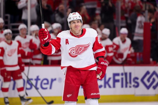 Detroit Red Wings right wing Patrick Kane (88) skates on the ice during a video tribute in the first period against the Chicago Blackhawks at the United Center Sunday Feb. 25, 2024 in Chicago. (Armando L. Sanchez/Chicago Tribune)