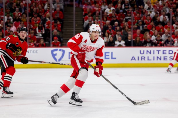 Detroit Red Wings right wing Patrick Kane (88) skates on the ice during the first period against the Chicago Blackhawks at the United Center Sunday Feb. 25, 2024 in Chicago. (Armando L. Sanchez/Chicago Tribune)