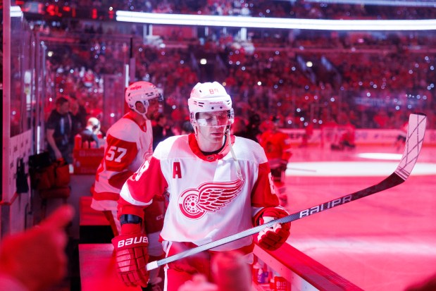 Detroit Red Wings right wing Patrick Kane (88) takes the ice against his former team before the first period against the Chicago Blackhawks at the United Center Sunday Feb. 25, 2024 in Chicago. (Armando L. Sanchez/Chicago Tribune)