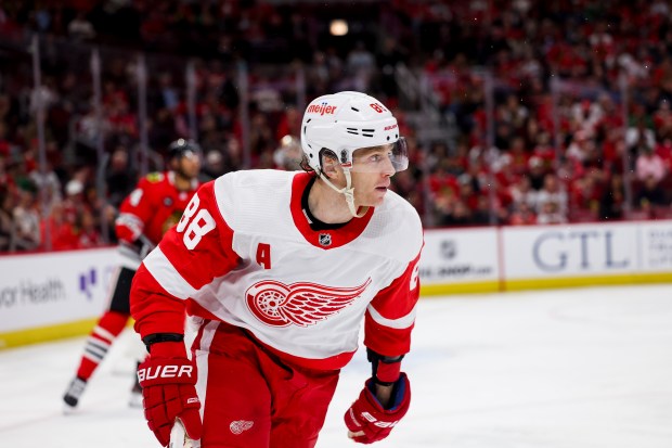 Detroit Red Wings right wing Patrick Kane (88) skates on the ice during the second period against the Chicago Blackhawks at the United Center Sunday Feb. 25, 2024 in Chicago. (Armando L. Sanchez/Chicago Tribune)