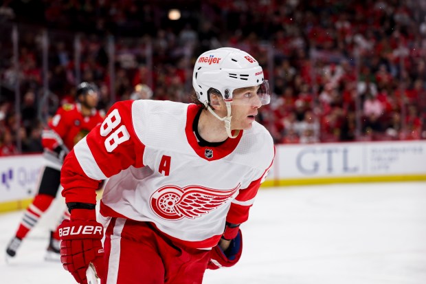 Detroit Red Wings right wing Patrick Kane (88) skates on the ice during the second period against the Chicago Blackhawks at the United Center Sunday Feb. 25, 2024 in Chicago. (Armando L. Sanchez/Chicago Tribune)