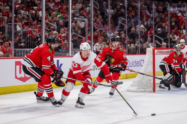 Chicago Blackhawks defenseman Seth Jones (4) guards Detroit Red Wings right wing Alex DeBrincat (93) during the second period at the United Center Sunday Feb. 25, 2024 in Chicago. (Armando L. Sanchez/Chicago Tribune)