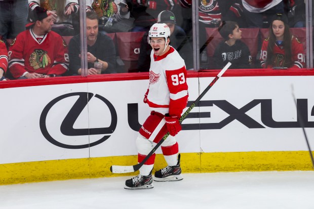 Detroit Red Wings right wing Alex DeBrincat (93) celebrates after scoring during the third period against the Chicago Blackhawks at the United Center Sunday Feb. 25, 2024 in Chicago. (Armando L. Sanchez/Chicago Tribune)