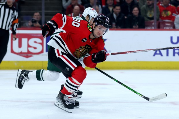 Chicago Blackhawks center Tyler Johnson (90) skates back on defense in the first period of a game against the Minnesota Wild at the United Center in Chicago on Feb. 7, 2024. (Chris Sweda/Chicago Tribune)