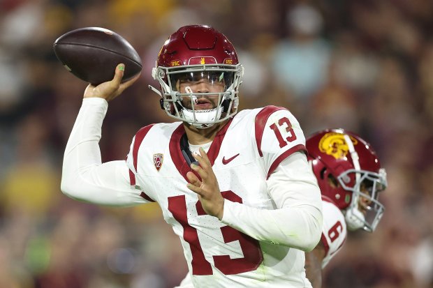 USC quarterback Caleb Williams throws a pass against Arizona State on Sept. 23, 2023, in Tempe, Ariz.(Christian Petersen/Getty Images)